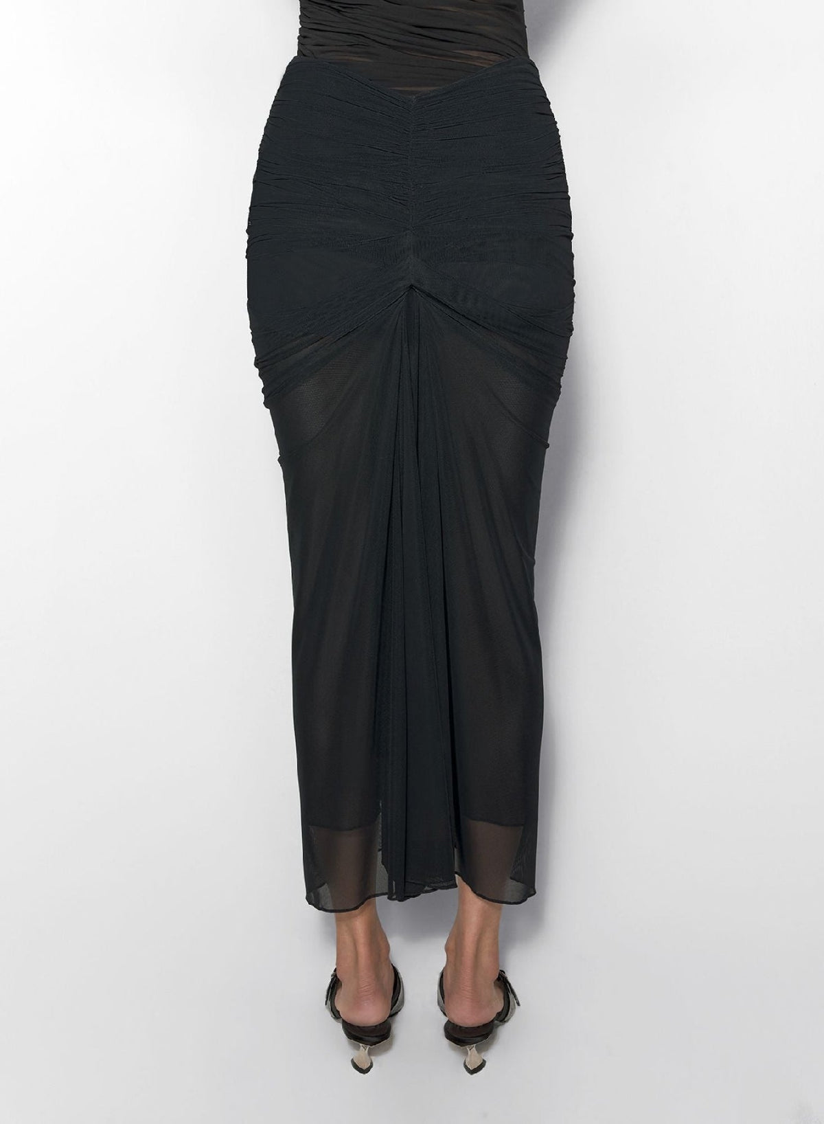 BLACK // black ruched mesh skirt
