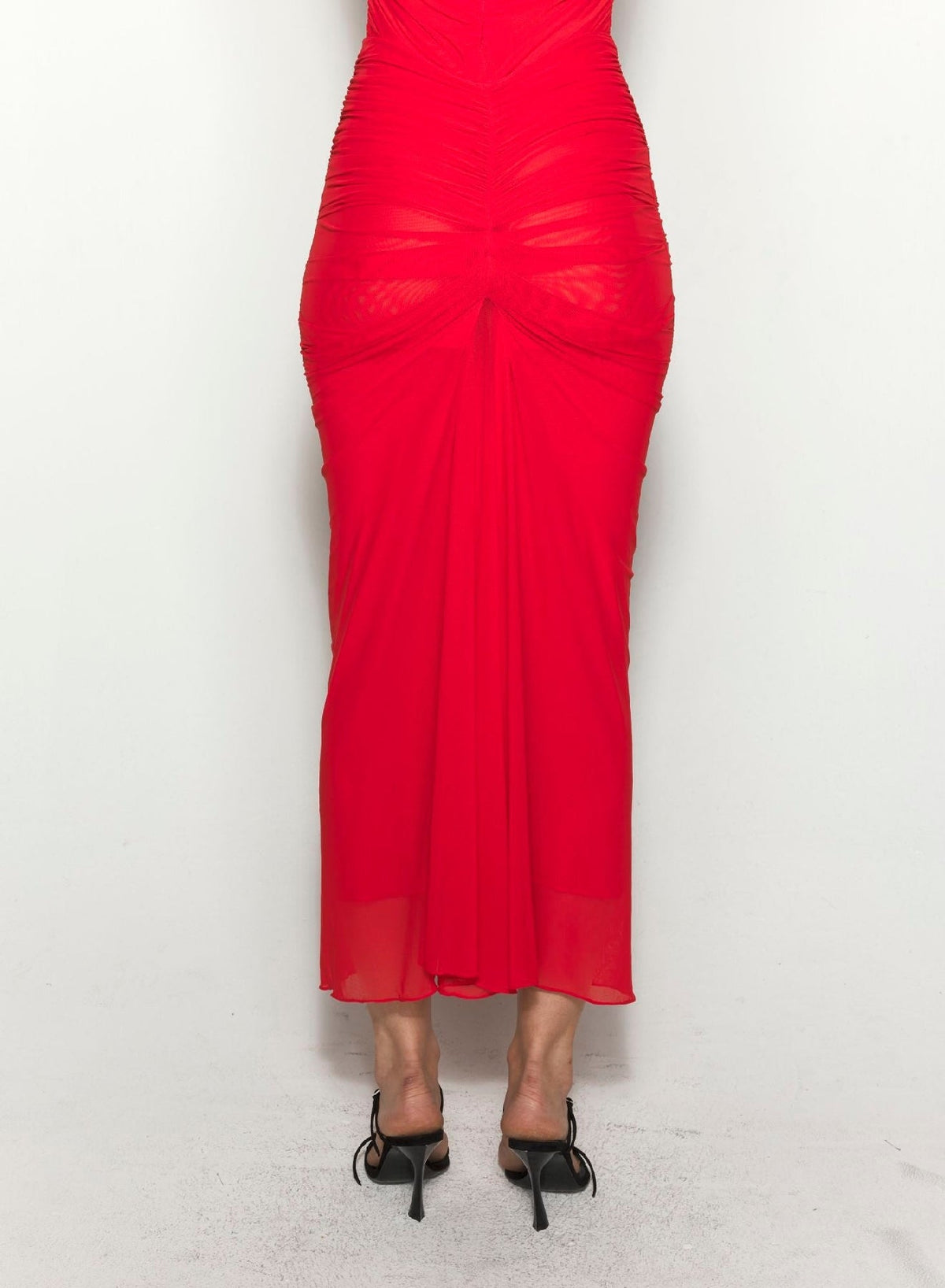 COQUELICOT // red ruched mesh skirt