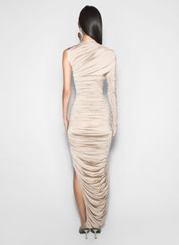 RED ASYMMETRICAL PIERCED RUCHED DRESS