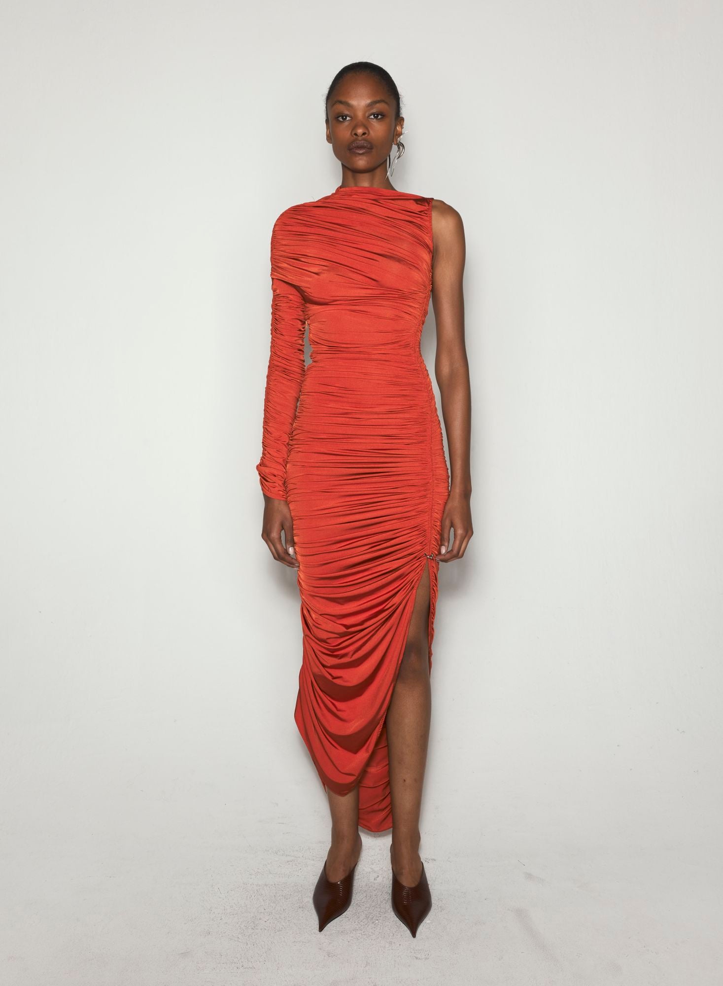 RED ASYMMETRICAL PIERCED RUCHED DRESS