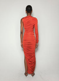 RED ASYMMETRICAL PIERCED RUCHED DRESS