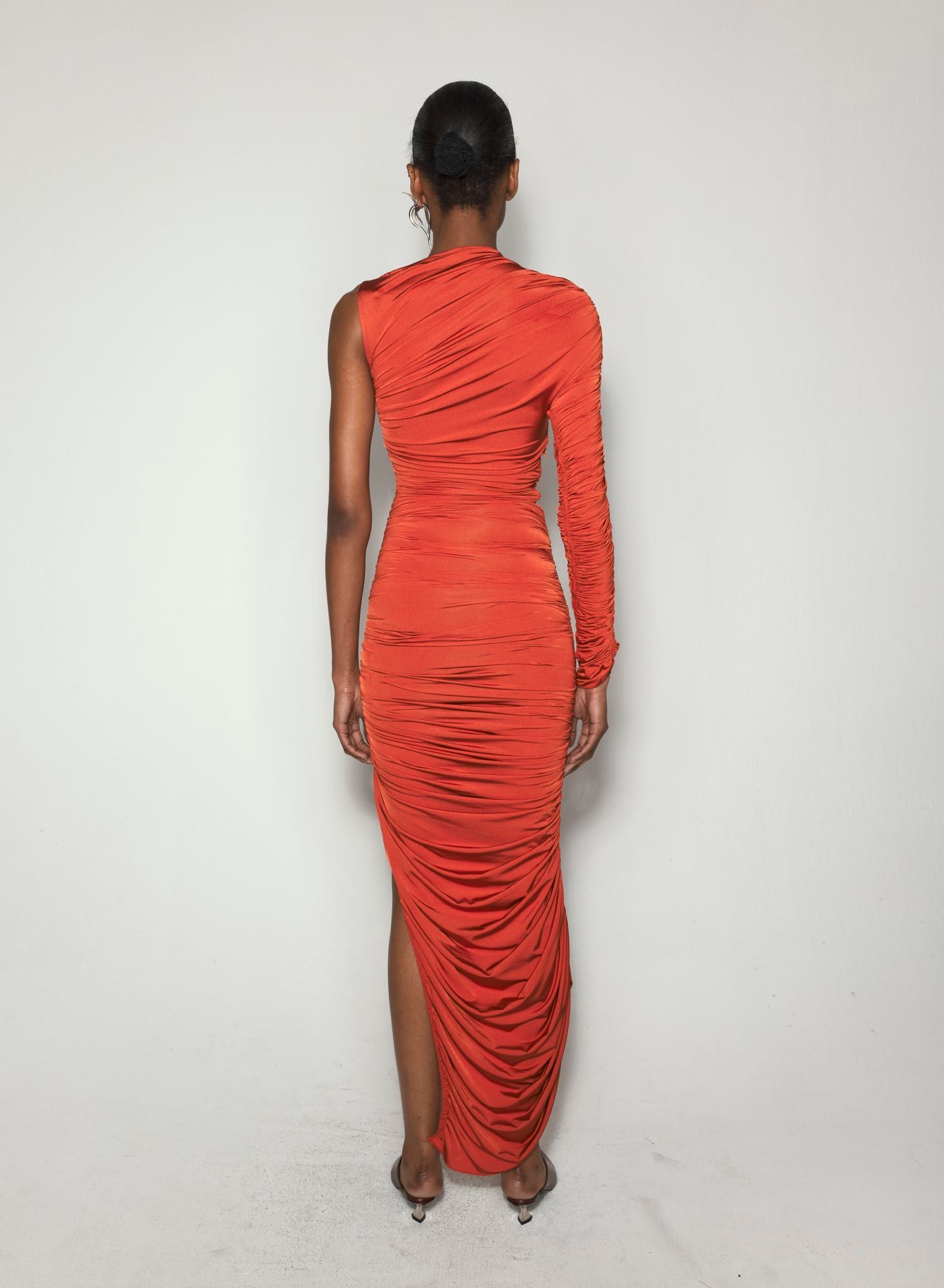 RED ASYMMETRICAL PIERCED RUCHED DRESS