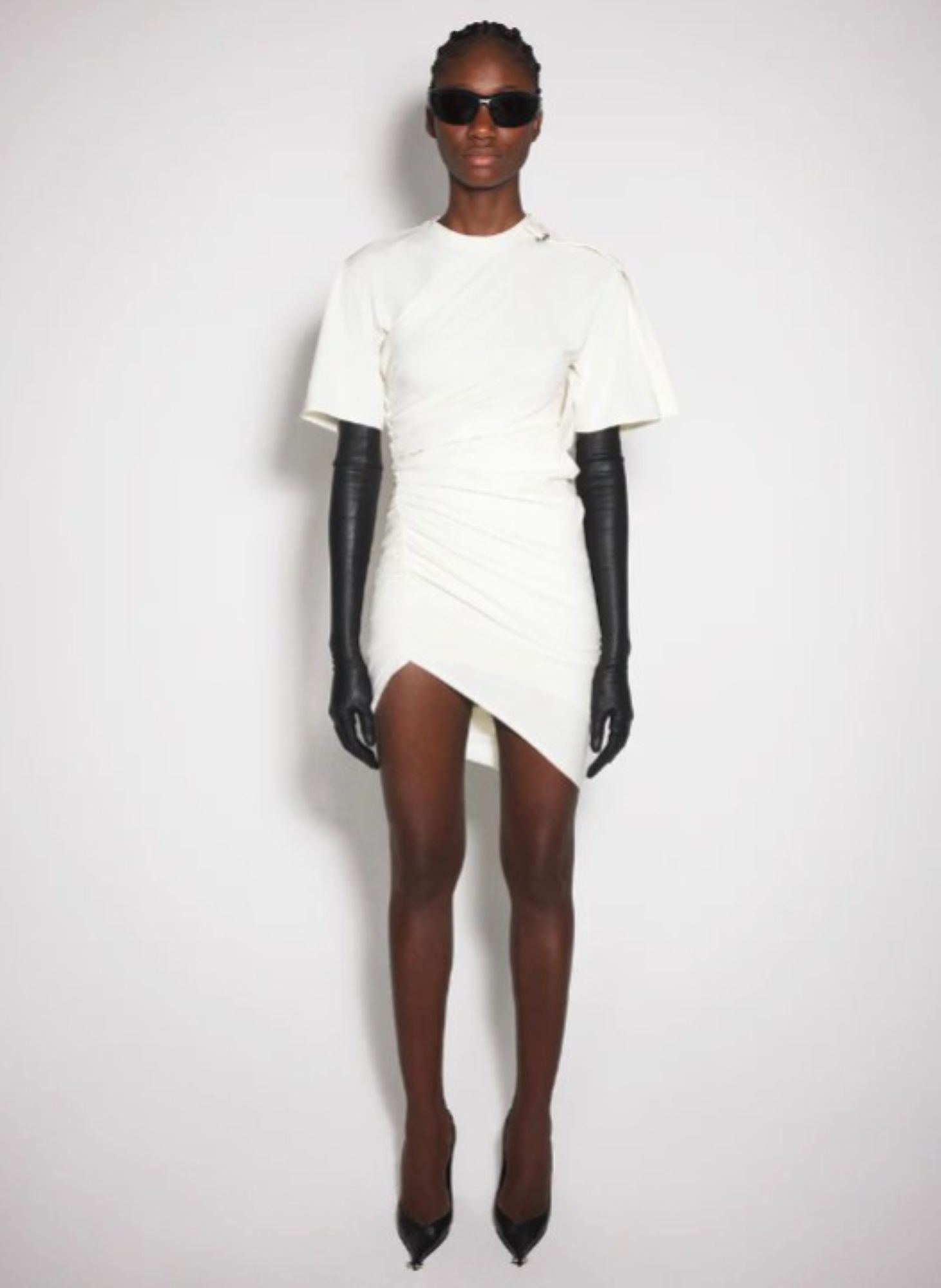 OFF-WHITE DRAPED PIERCED DAY DRESS