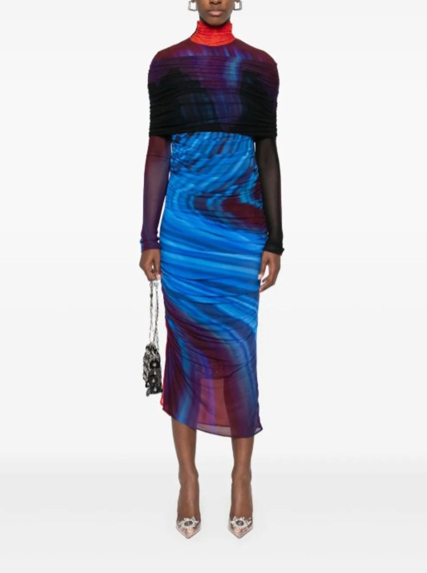 FLORAL PRINT SHEER RUCHED DRESS