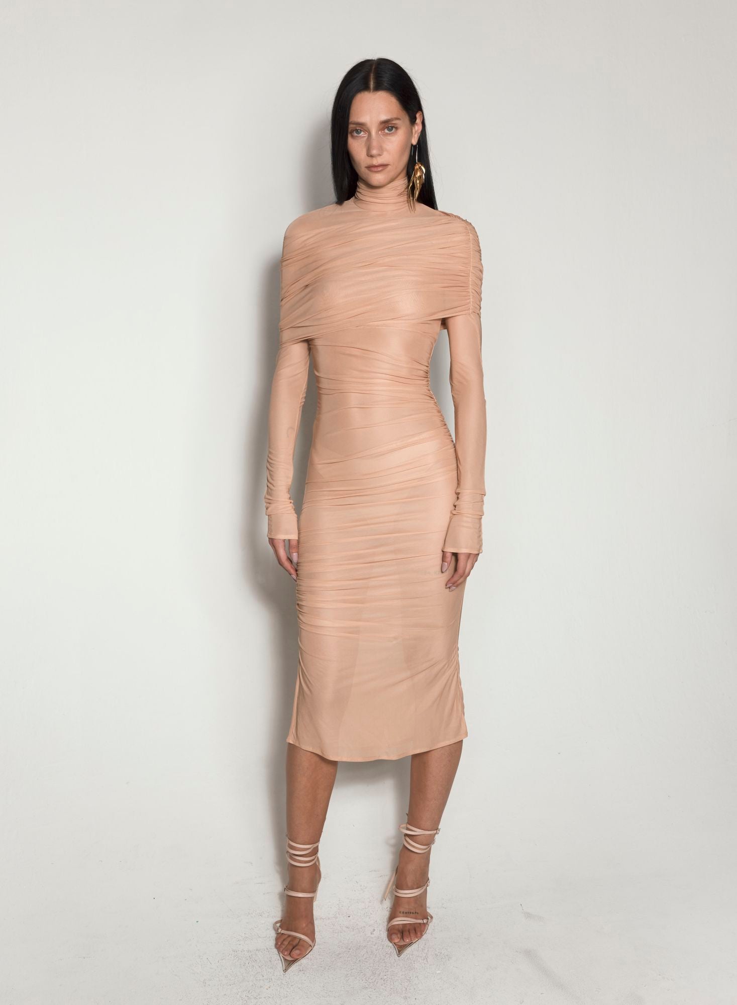 NUDE SHEER RUCHED DRESS