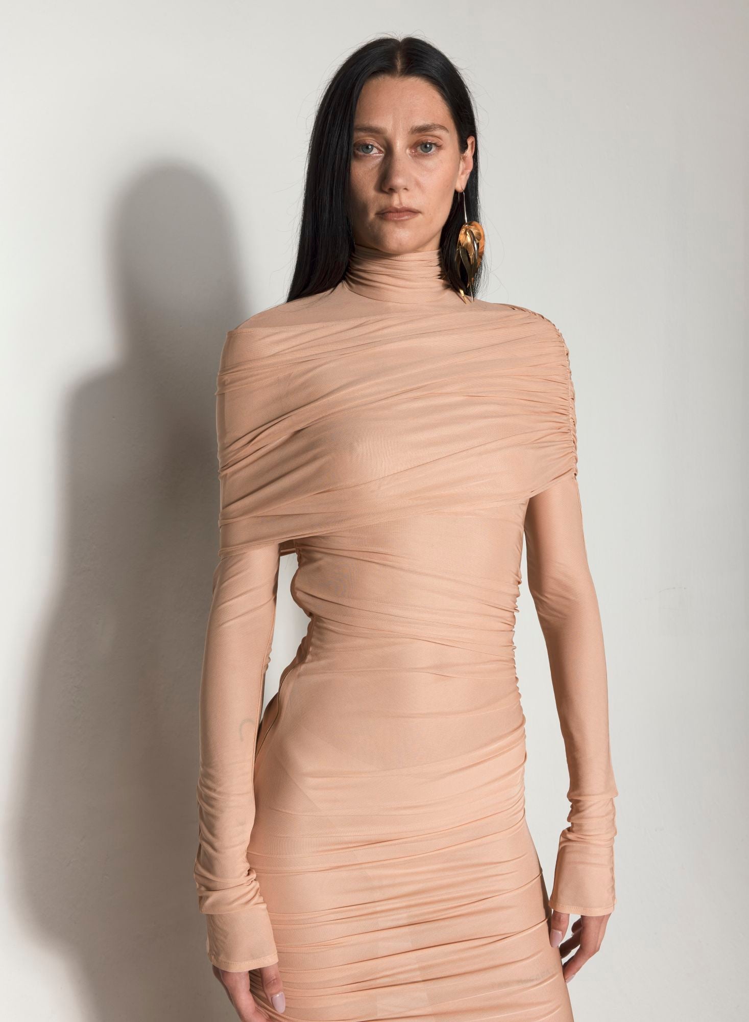 NUDE SHEER RUCHED DRESS