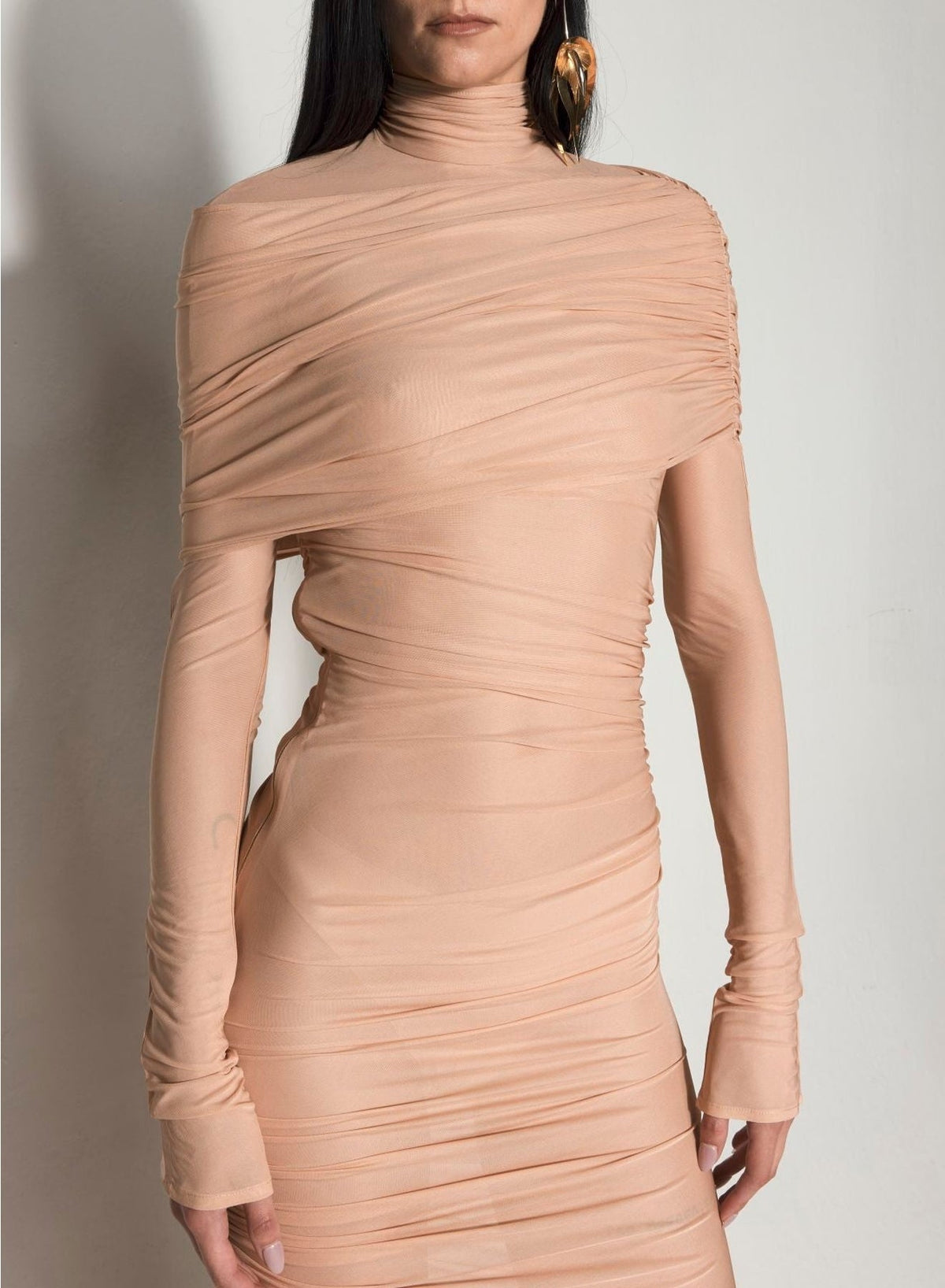 NUDE // nude sheer ruched dress