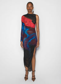 FLORAL PRINT ASYMMETRICAL PIERCED RUCHED DRESS