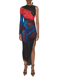 PRINT BLUE & RED FLOWERS // floral print asymmetrical pierced ruched dress