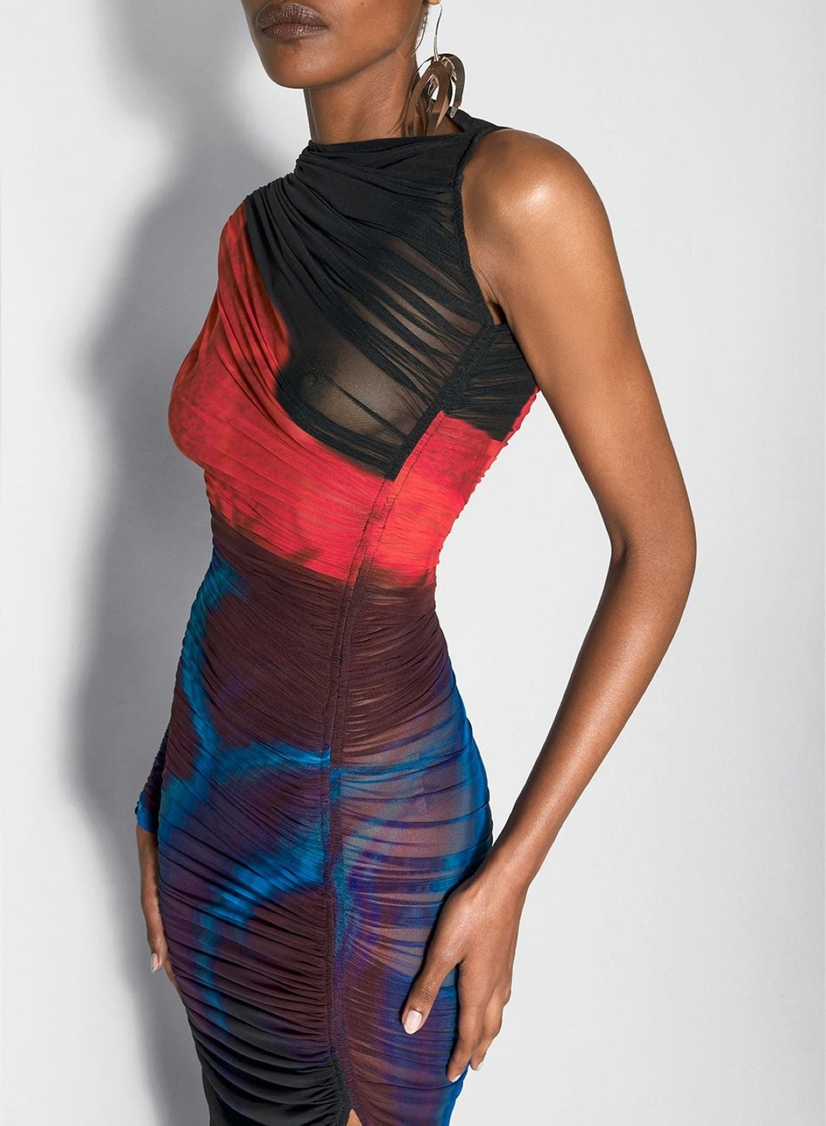 PRINT BLUE & RED FLOWERS // floral print asymmetrical pierced ruched dress