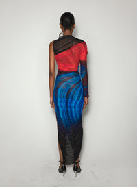 FLORAL PRINT ASYMMETRICAL PIERCED RUCHED DRESS