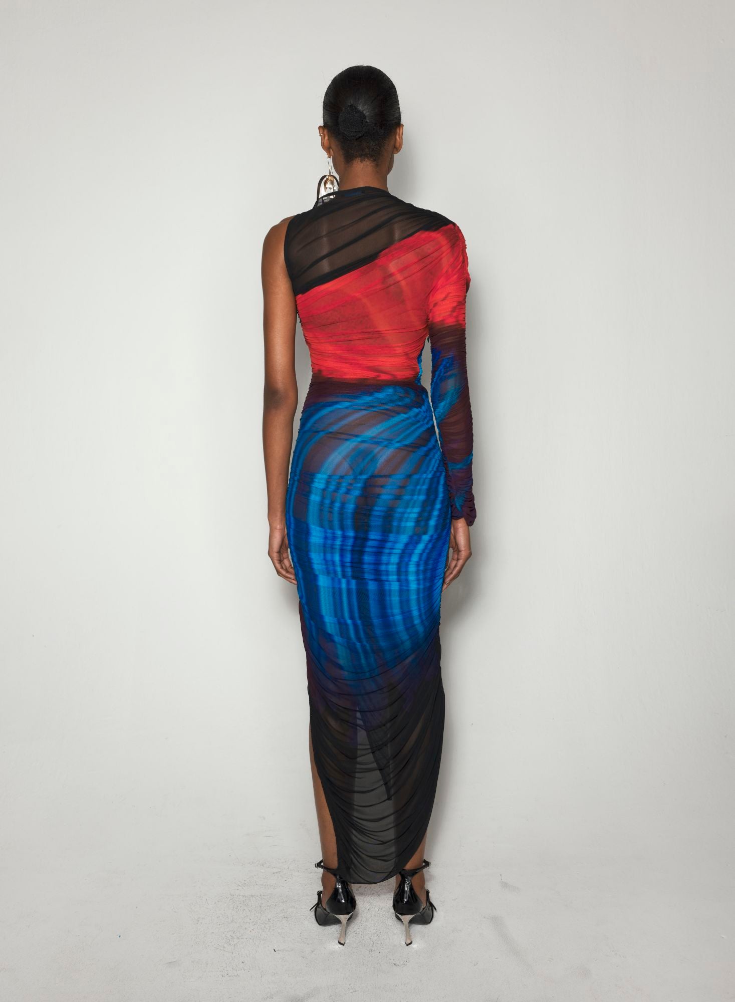 FLORAL PRINT ASYMMETRICAL PIERCED RUCHED DRESS