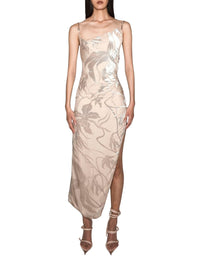 CHAMPAGNE // floral velvet asymetrical buckled strap dress