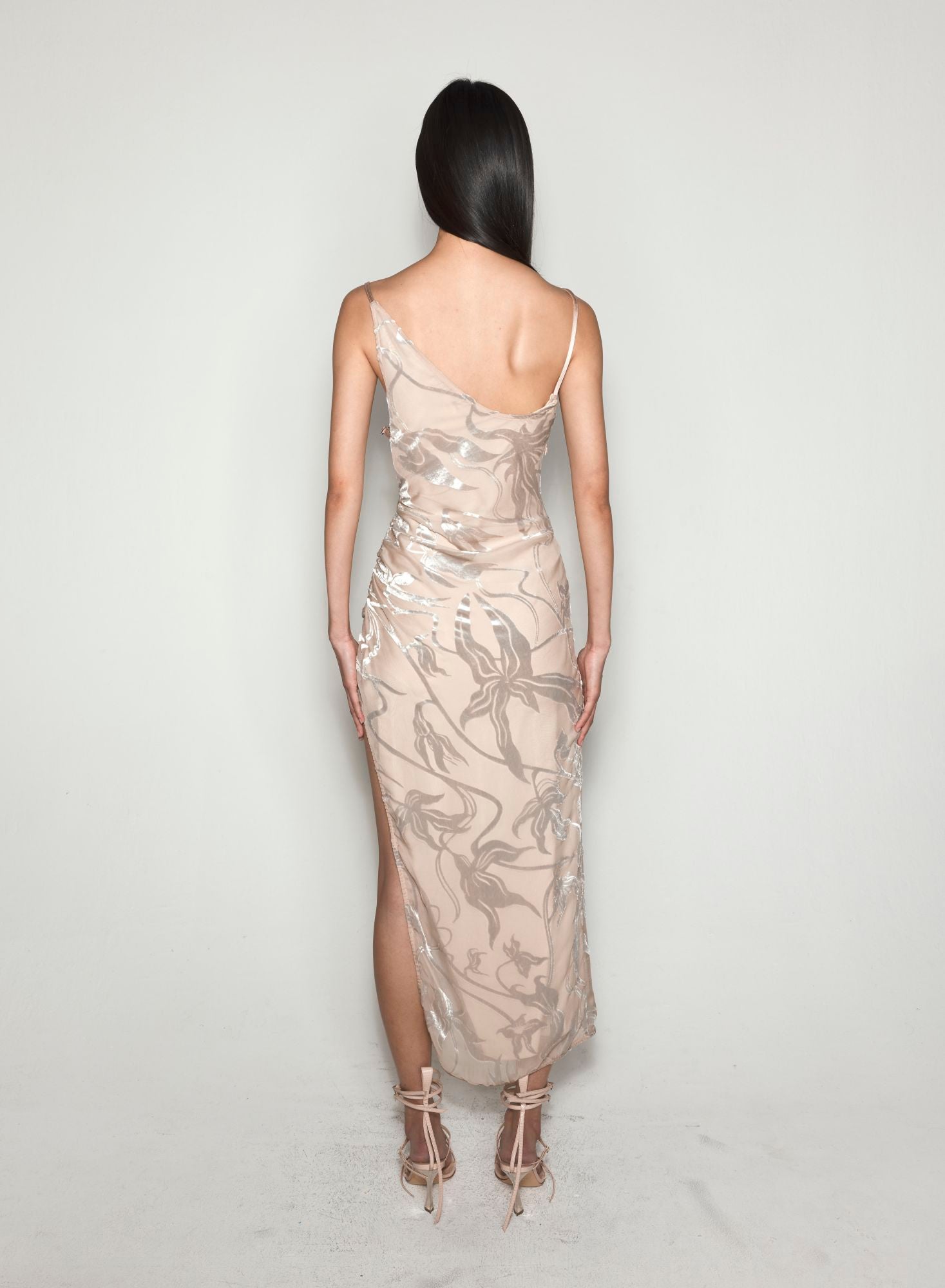 FLORAL VELVET ASYMETRICAL BUCKLED STRAP DRESS