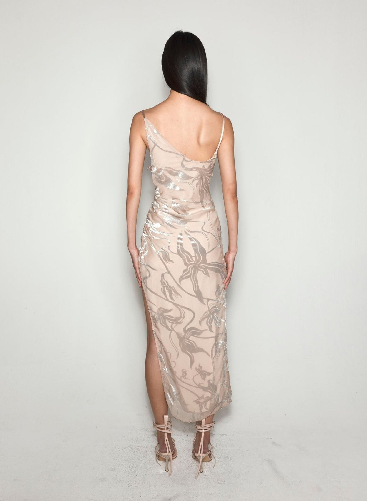 CHAMPAGNE // floral velvet asymetrical buckled strap dress
