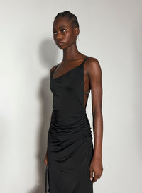BLACK ASYMETRICAL BUCKLED STRAP DRESS