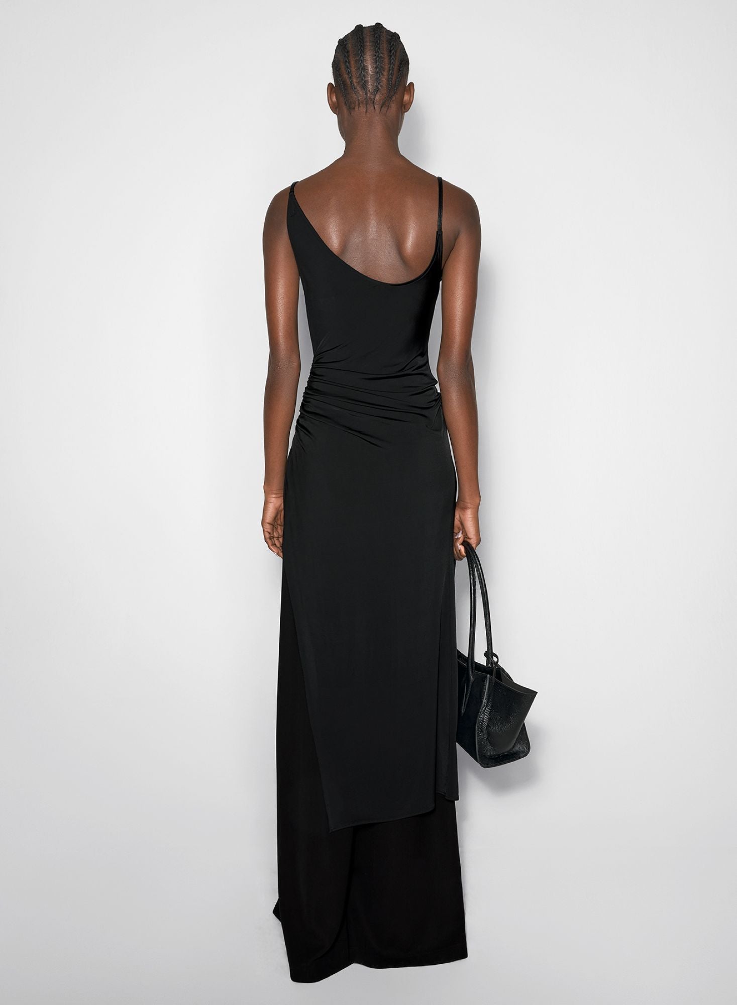 BLACK ASYMETRICAL BUCKLED STRAP DRESS