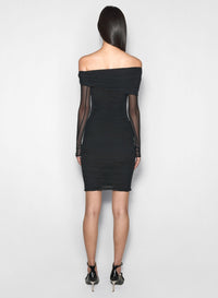 BLACK OFF-SHOULDER RUCHED DRESS