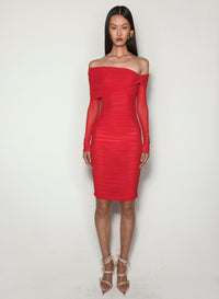 BLACK OFF-SHOULDER RUCHED DRESS