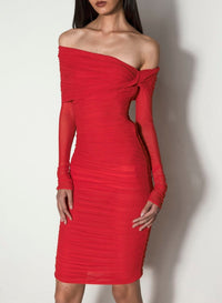 Robe longue froncée épaules dénudées - Coquelicot