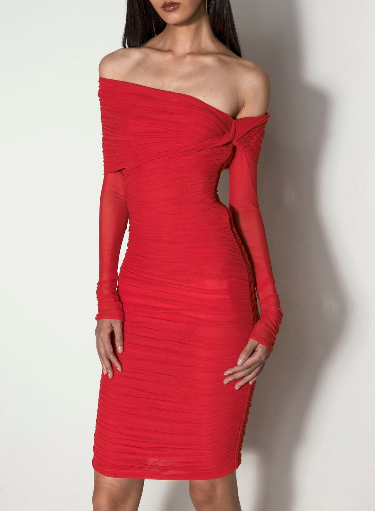 Robe longue froncée épaules dénudées - Coquelicot