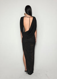 BLACK DRAPED BACKLESS GOWN