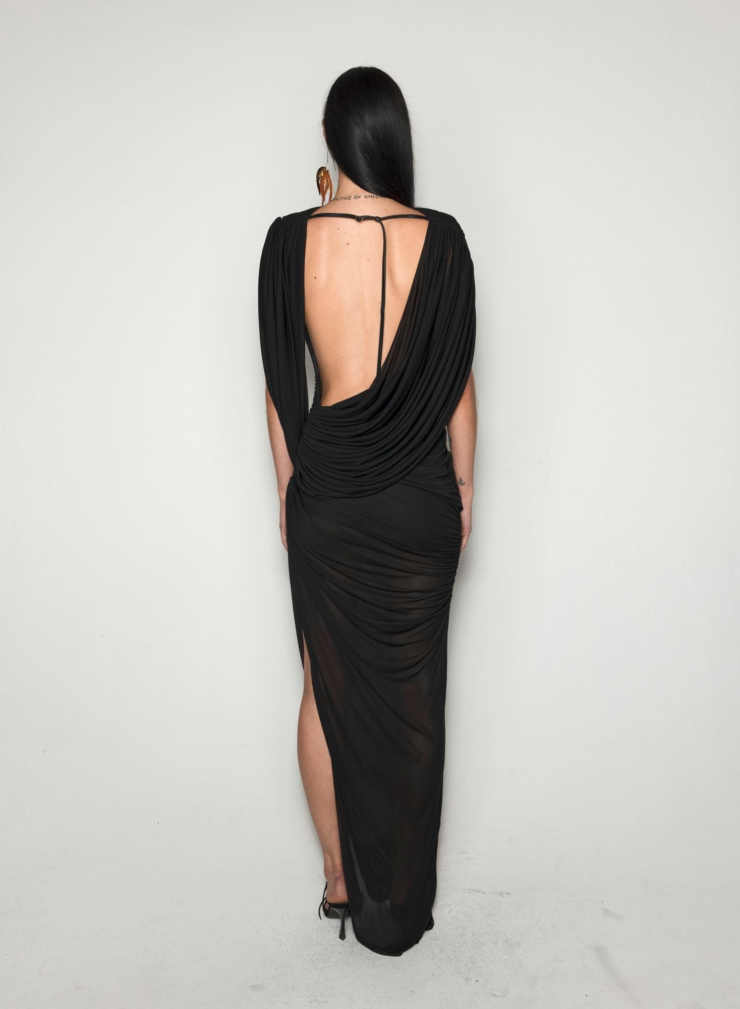 BLACK DRAPED BACKLESS GOWN