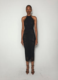 BLACK RUCHED HALTER DRESS