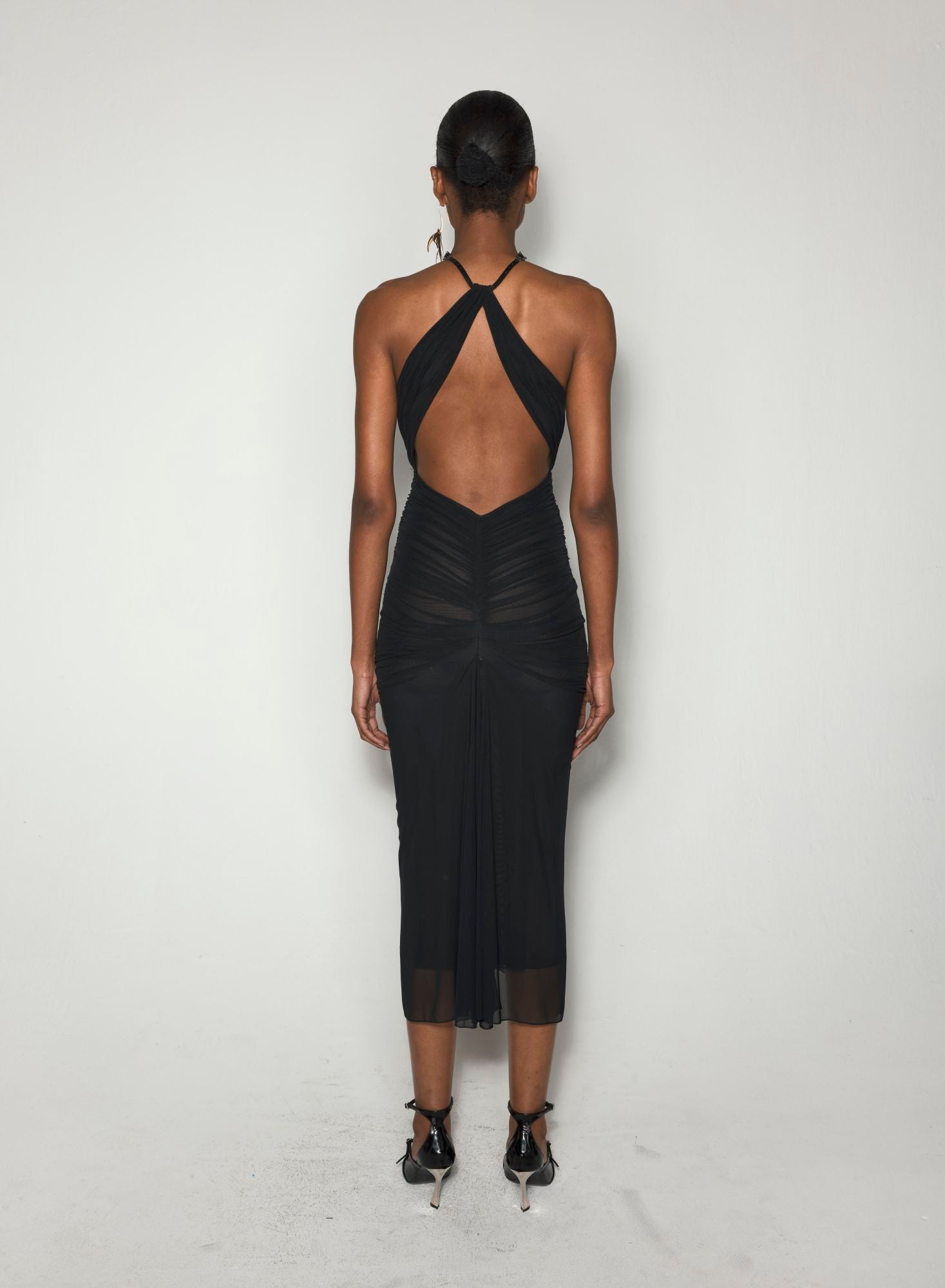 BLACK RUCHED HALTER DRESS