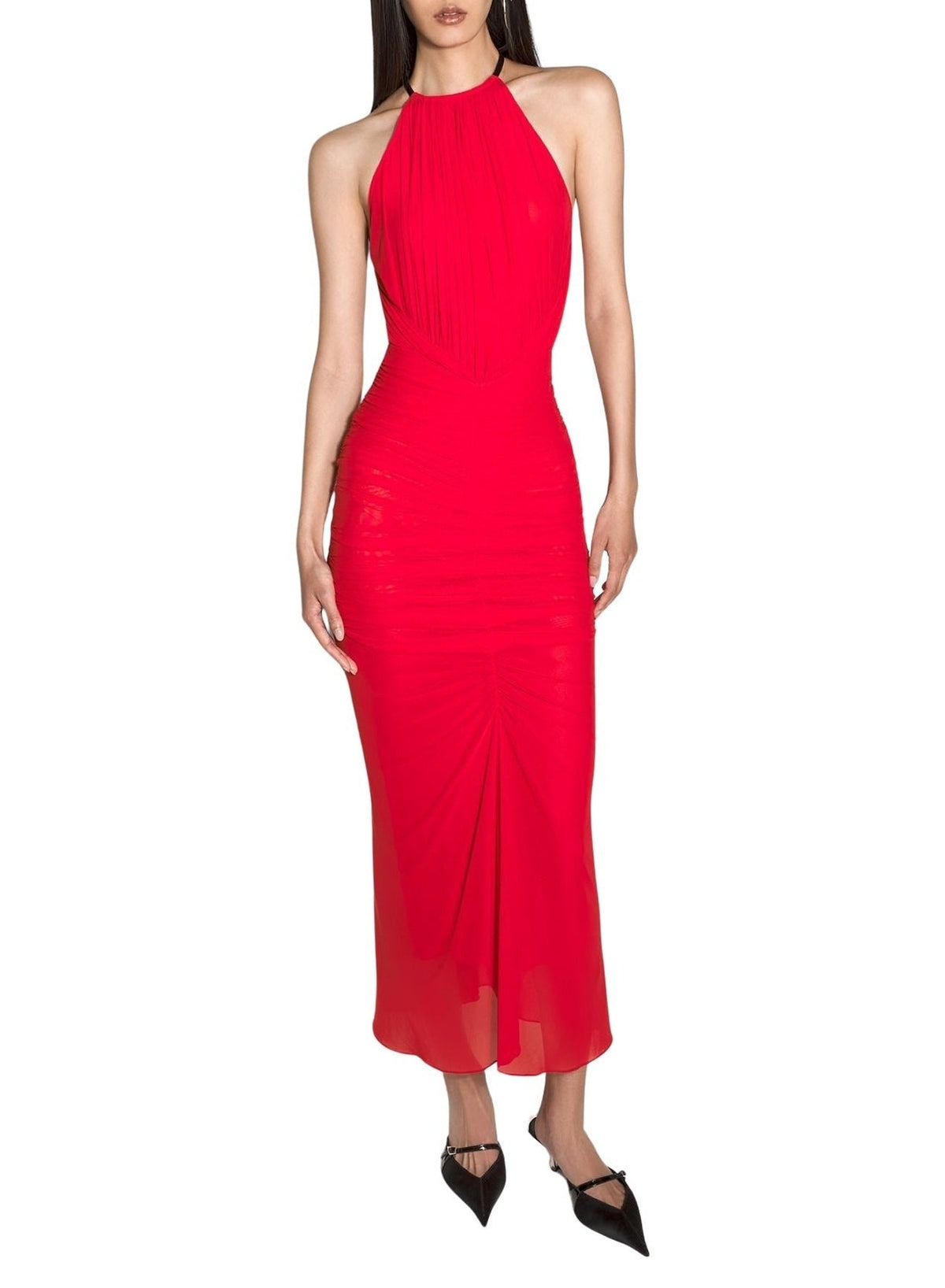 COQUELICOT // red ruched halter dress