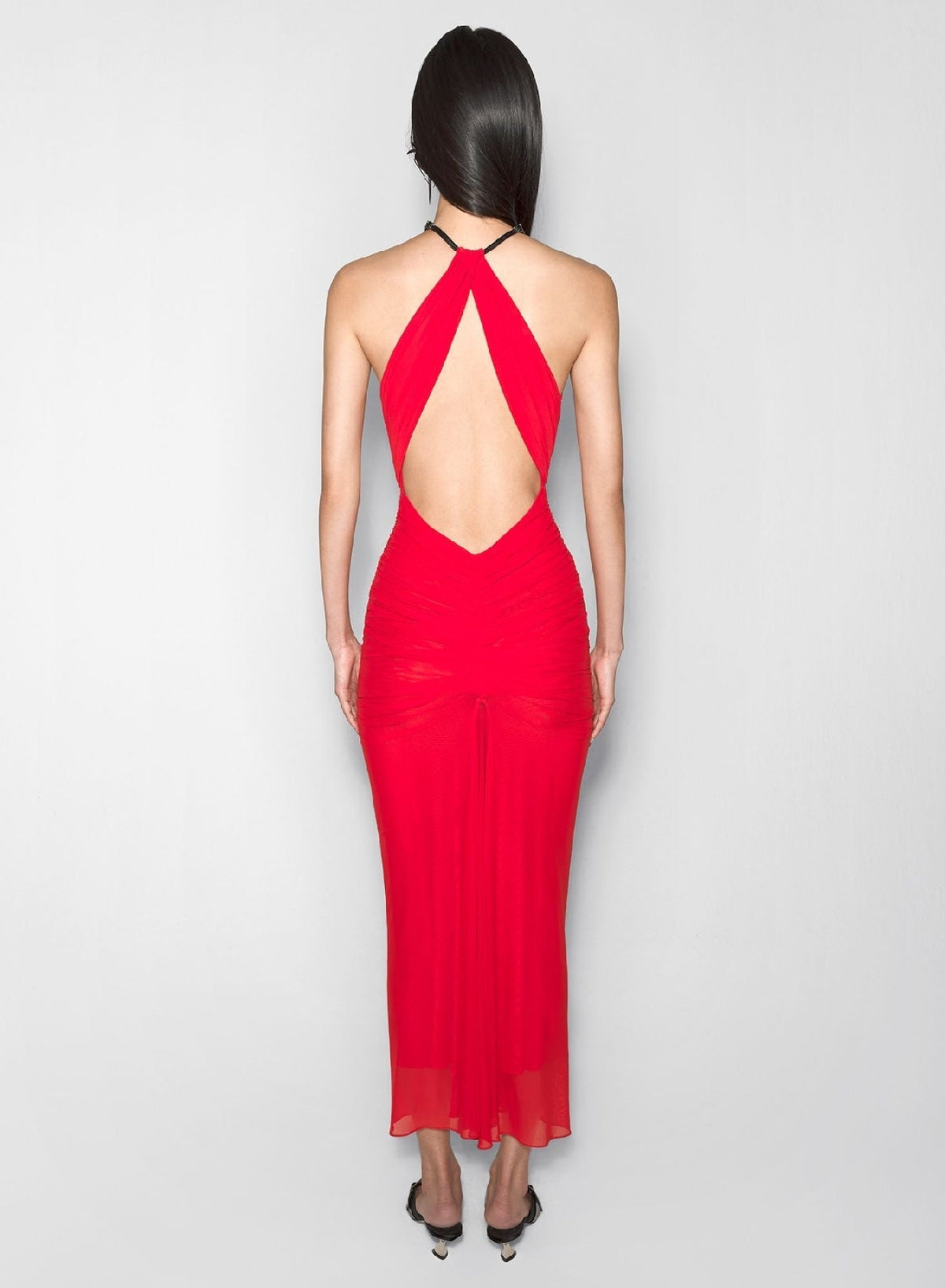 COQUELICOT // red ruched halter dress