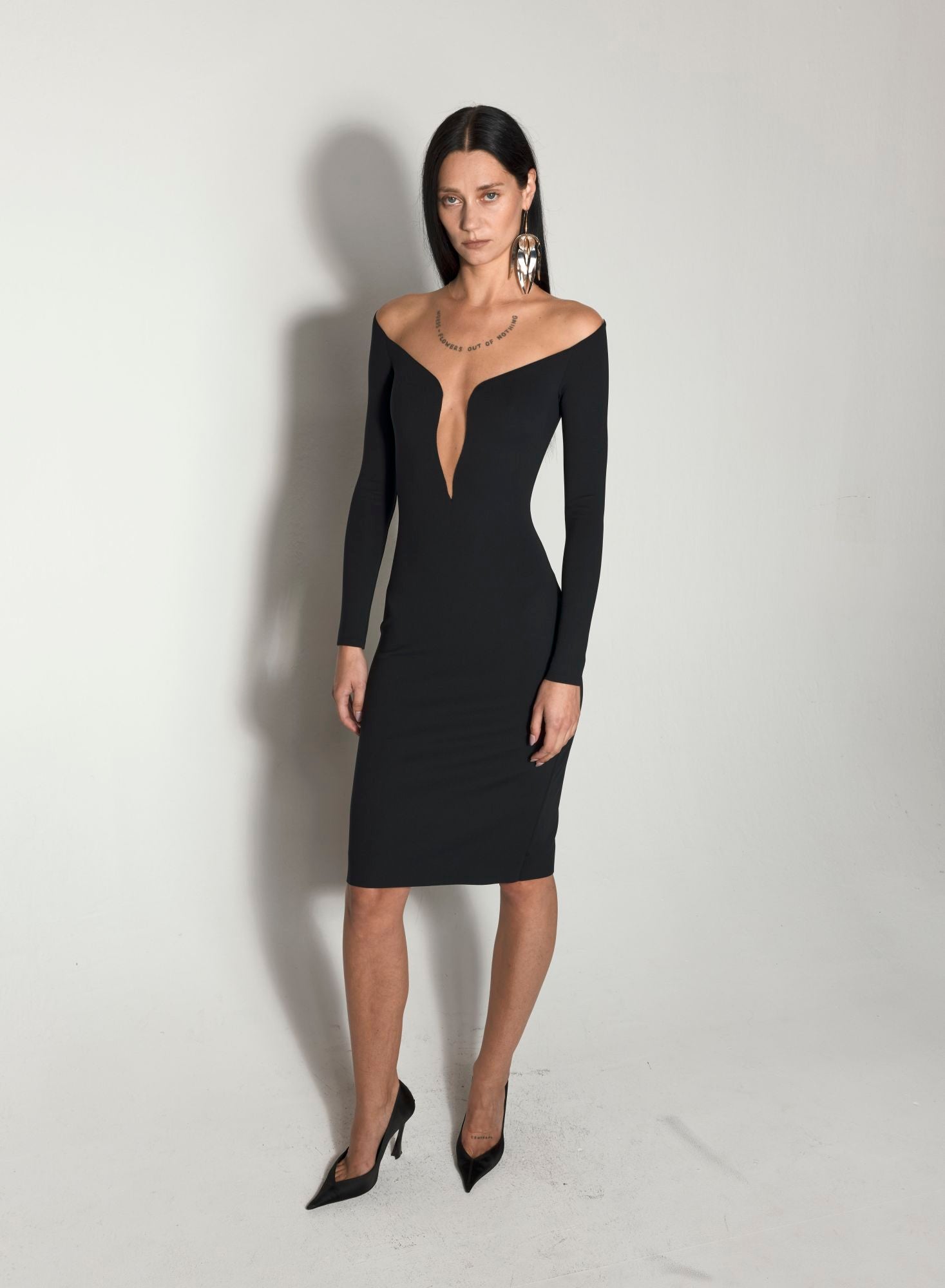 BLACK ILLUSION NECKLINE MIDI DRESS
