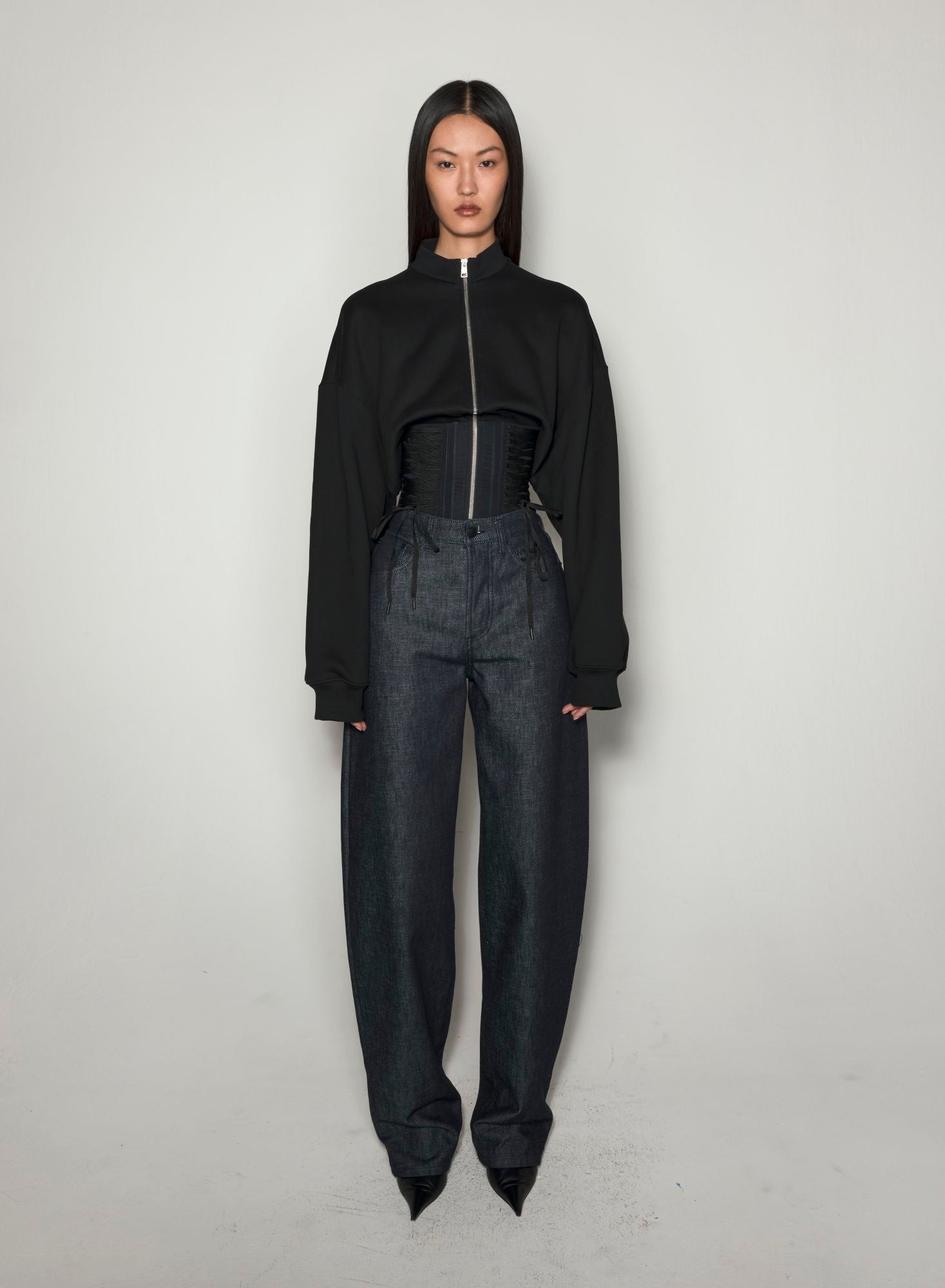 BLACK LACED CORSET ZIP-UP JACKET