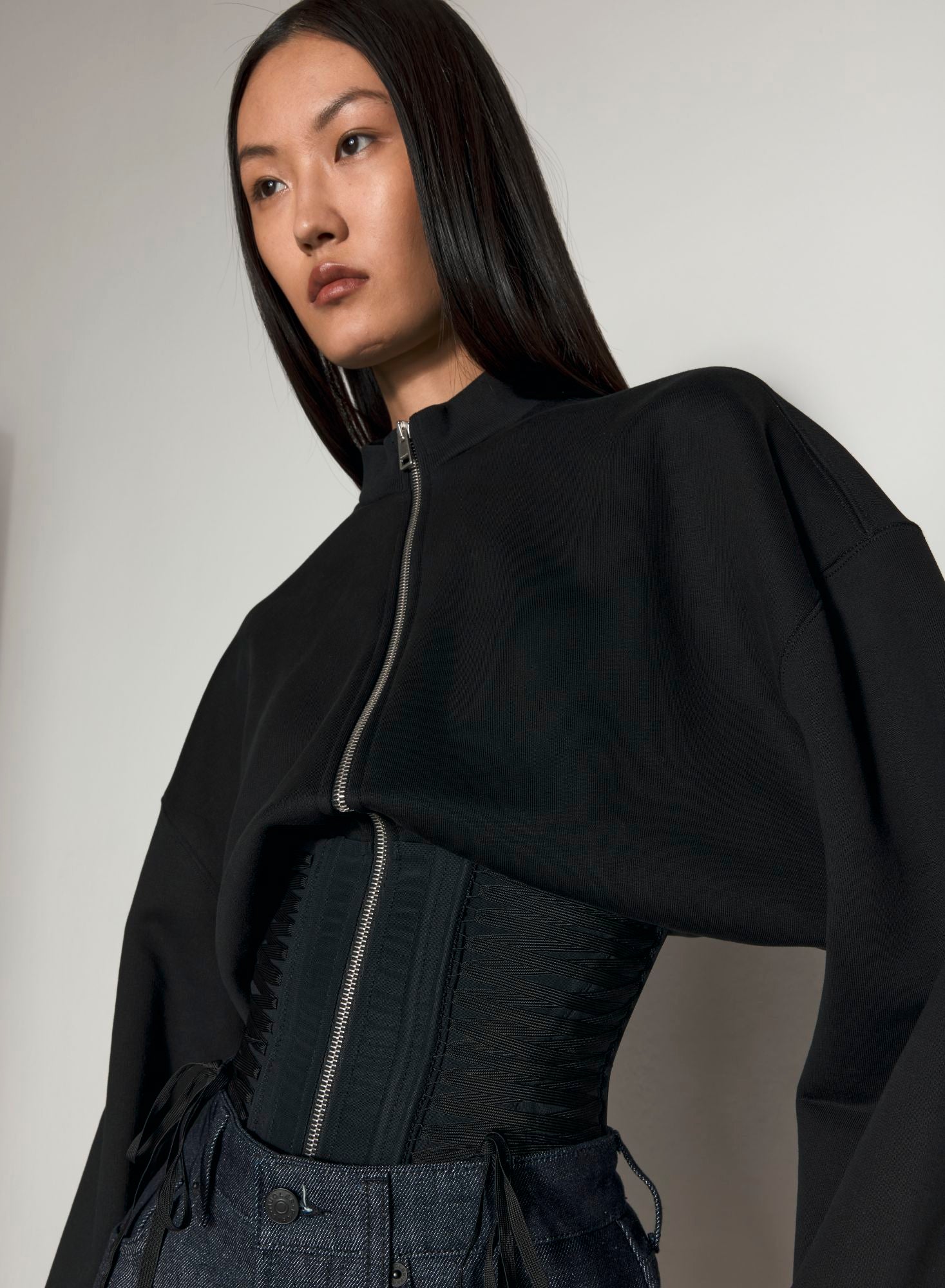 BLACK LACED CORSET ZIP-UP JACKET