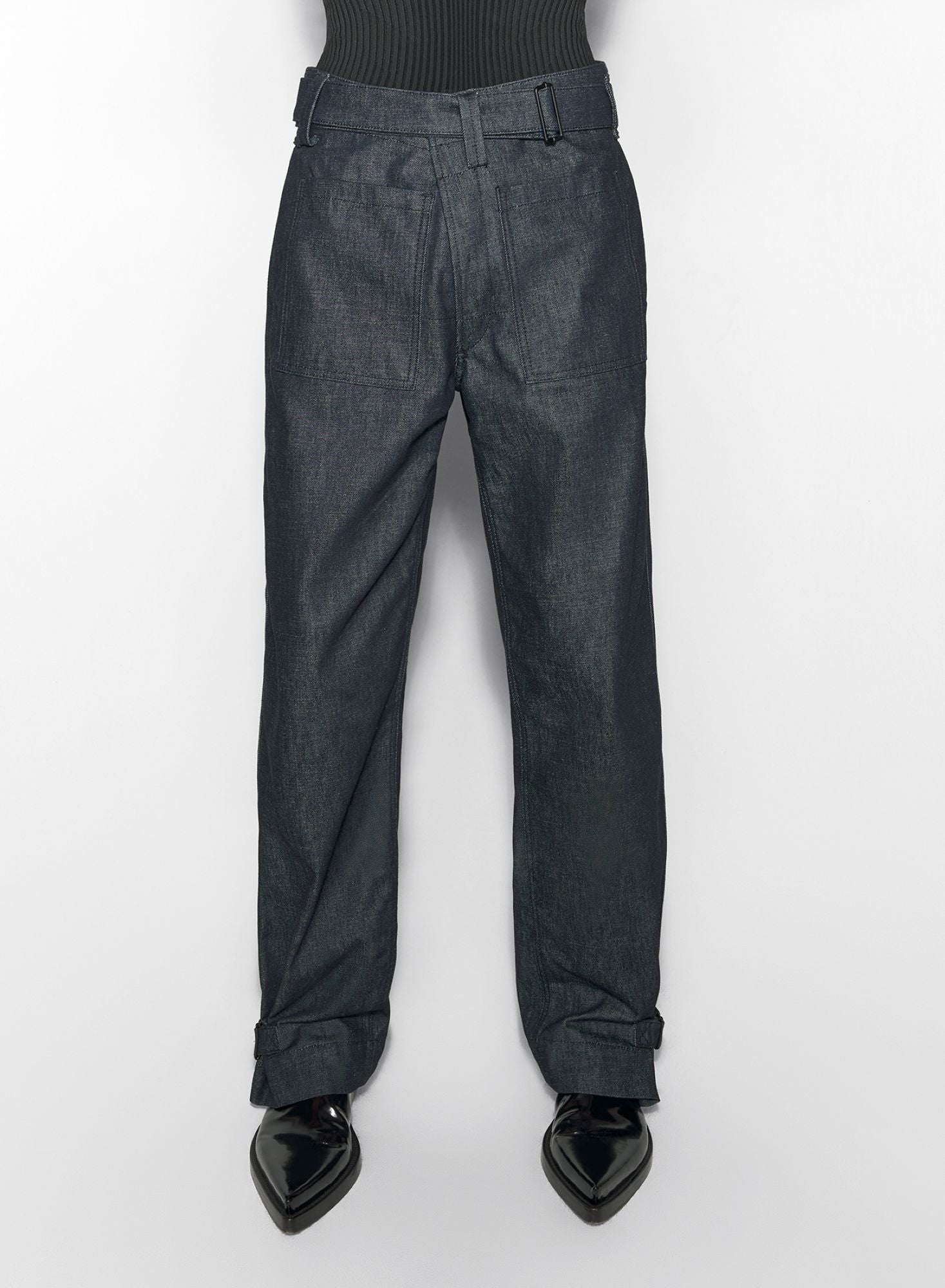 BELTED WIDE-LEG RAW DENIM JEANS