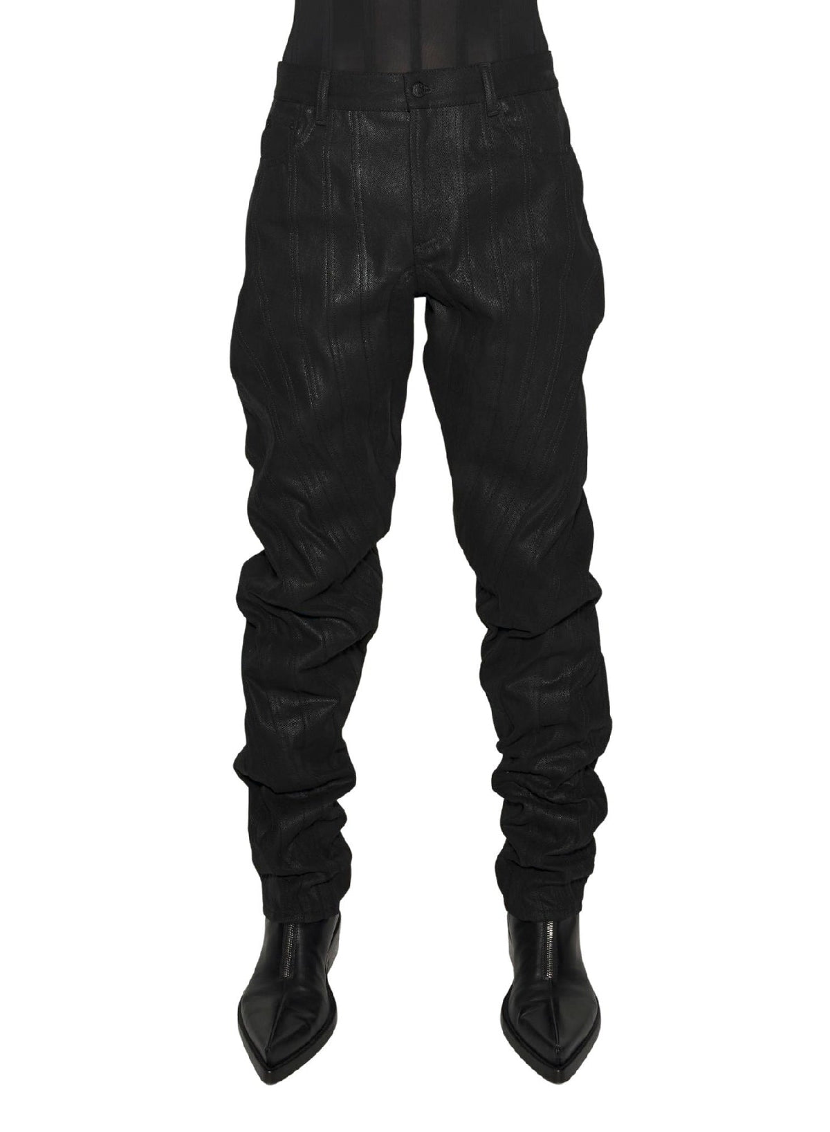 WAX SHINY BLACK // waxed black spiral baggy jeans