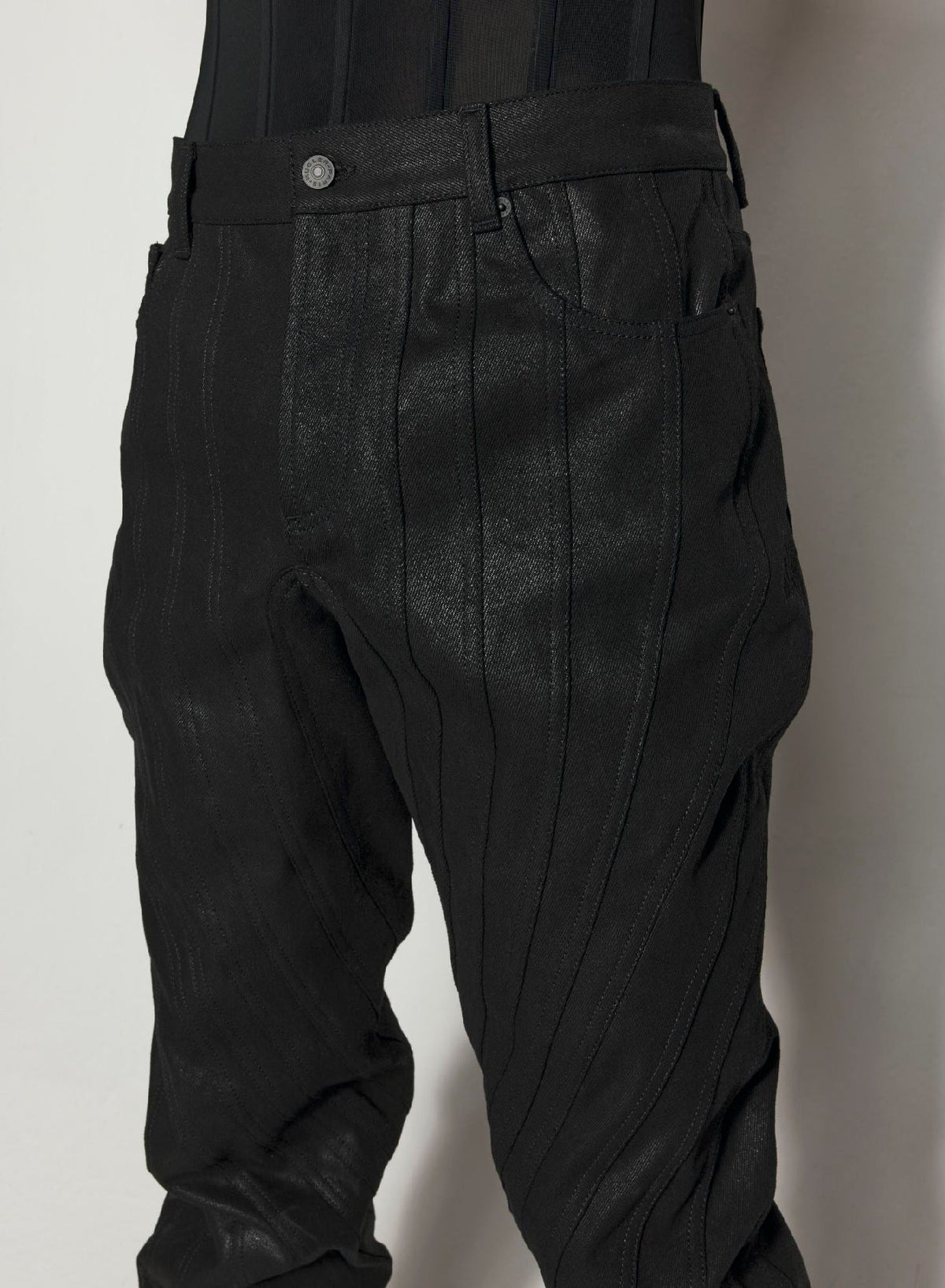 WAX SHINY BLACK // waxed black spiral baggy jeans