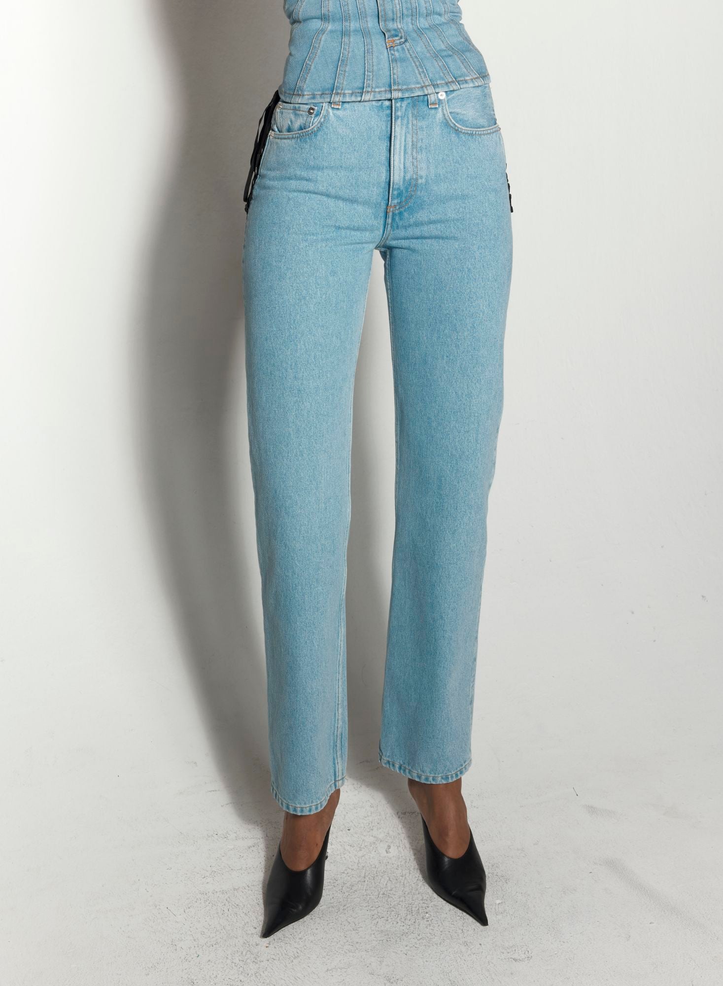 BLUE LACED-UP STRAIGHT LEG JEANS