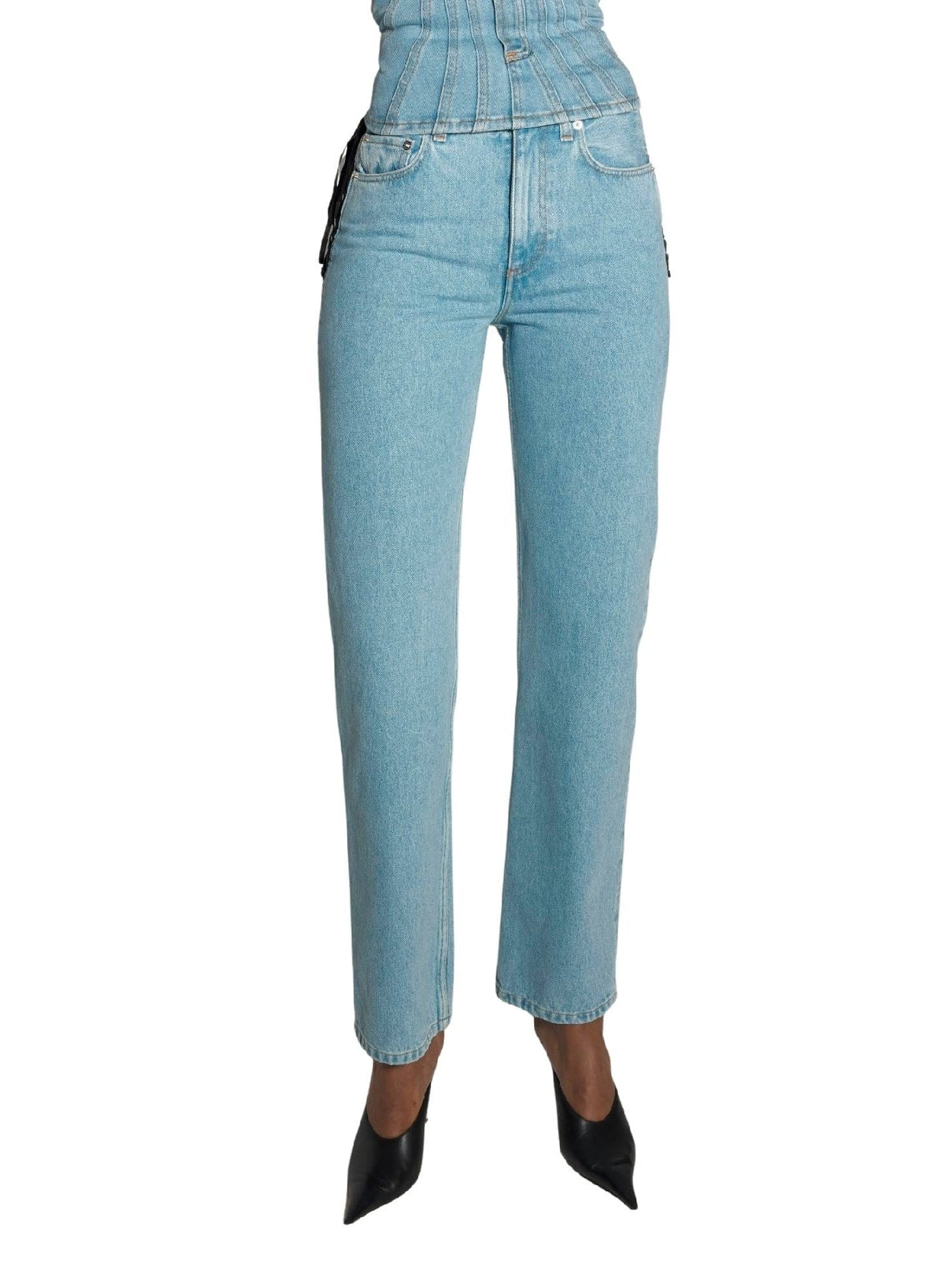 MEDIUM BLUE // blue laced-up straight leg jeans