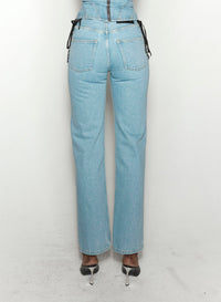 BLUE LACED-UP STRAIGHT LEG JEANS