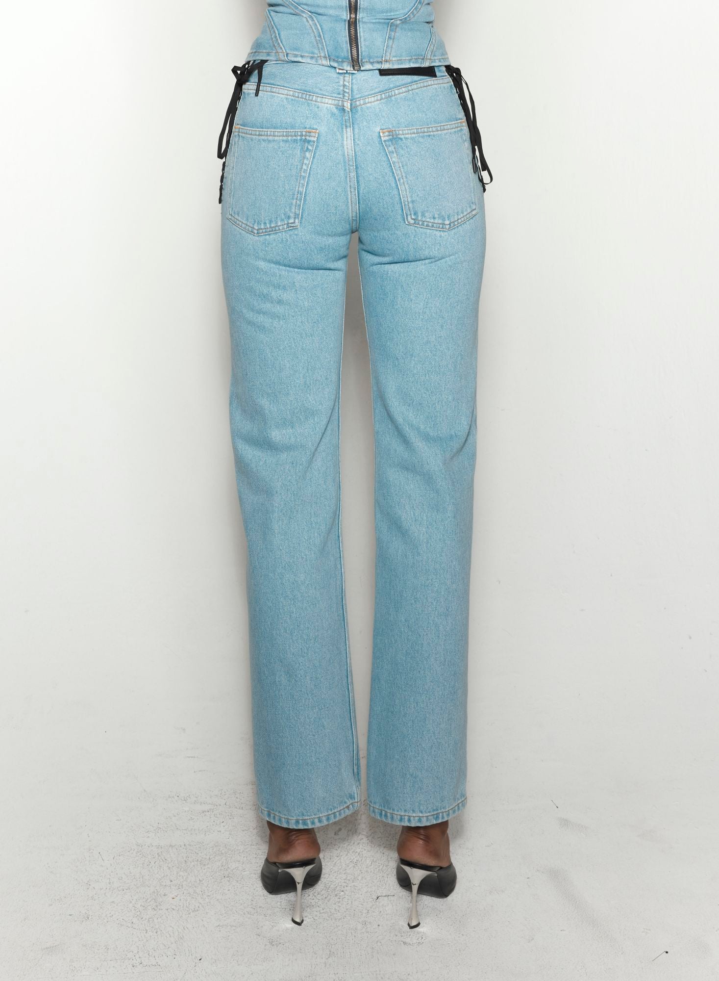 BLUE LACED-UP STRAIGHT LEG JEANS