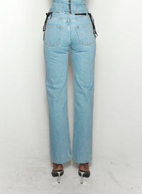 MEDIUM BLUE // blue laced-up straight leg jeans
