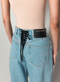 MEDIUM BLUE // blue laced-up wide-leg jeans