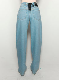 BLUE LACED-UP WIDE LEG JEANS