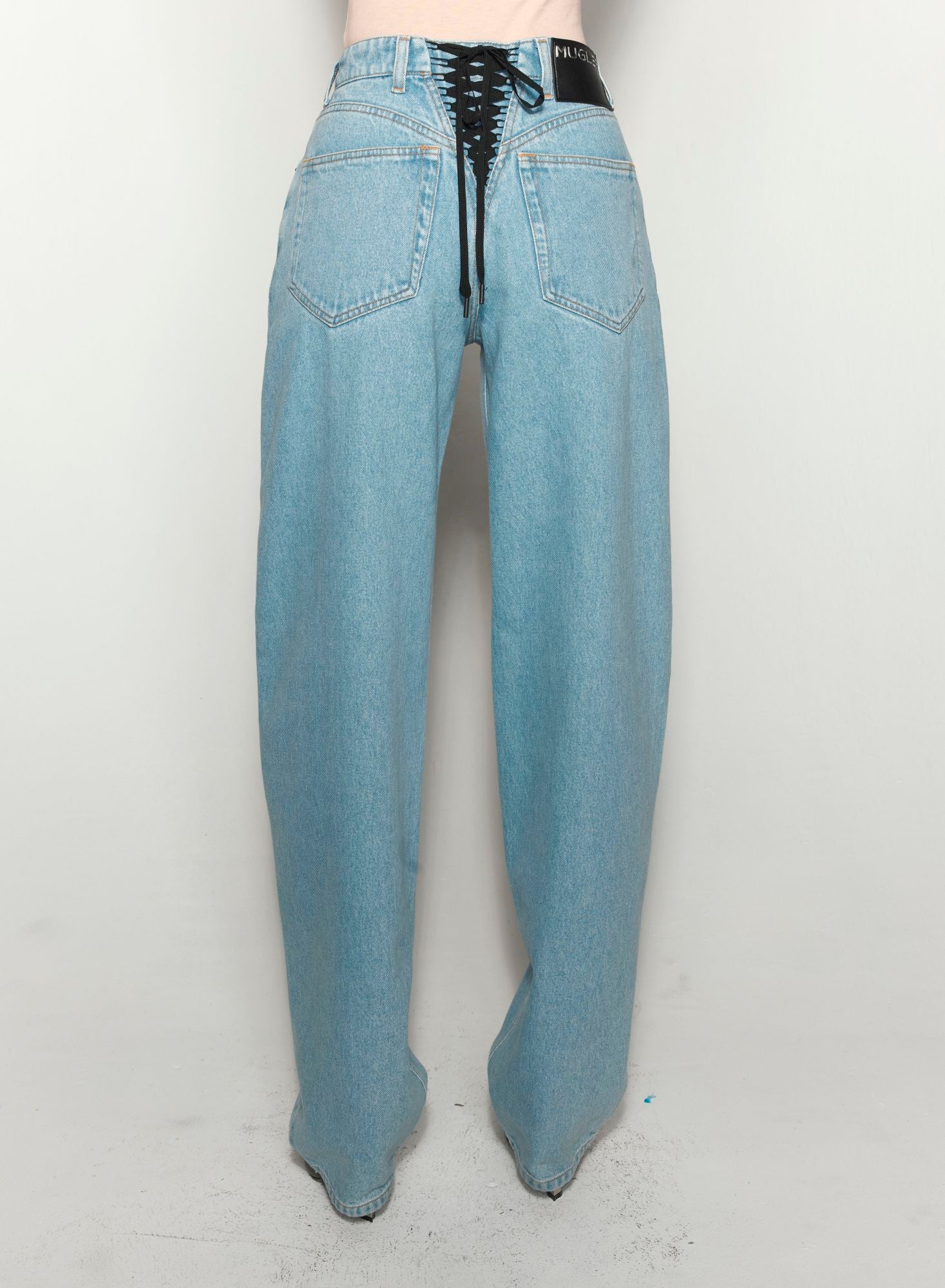 BLUE LACED-UP WIDE LEG JEANS