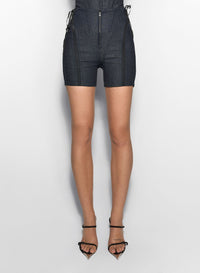 BLACK MESH LACED-UP RAW DENIM SHORTS