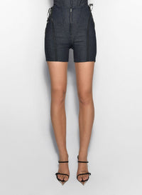 RAW BLUE / BLACK // black mesh laced-up raw denim shorts