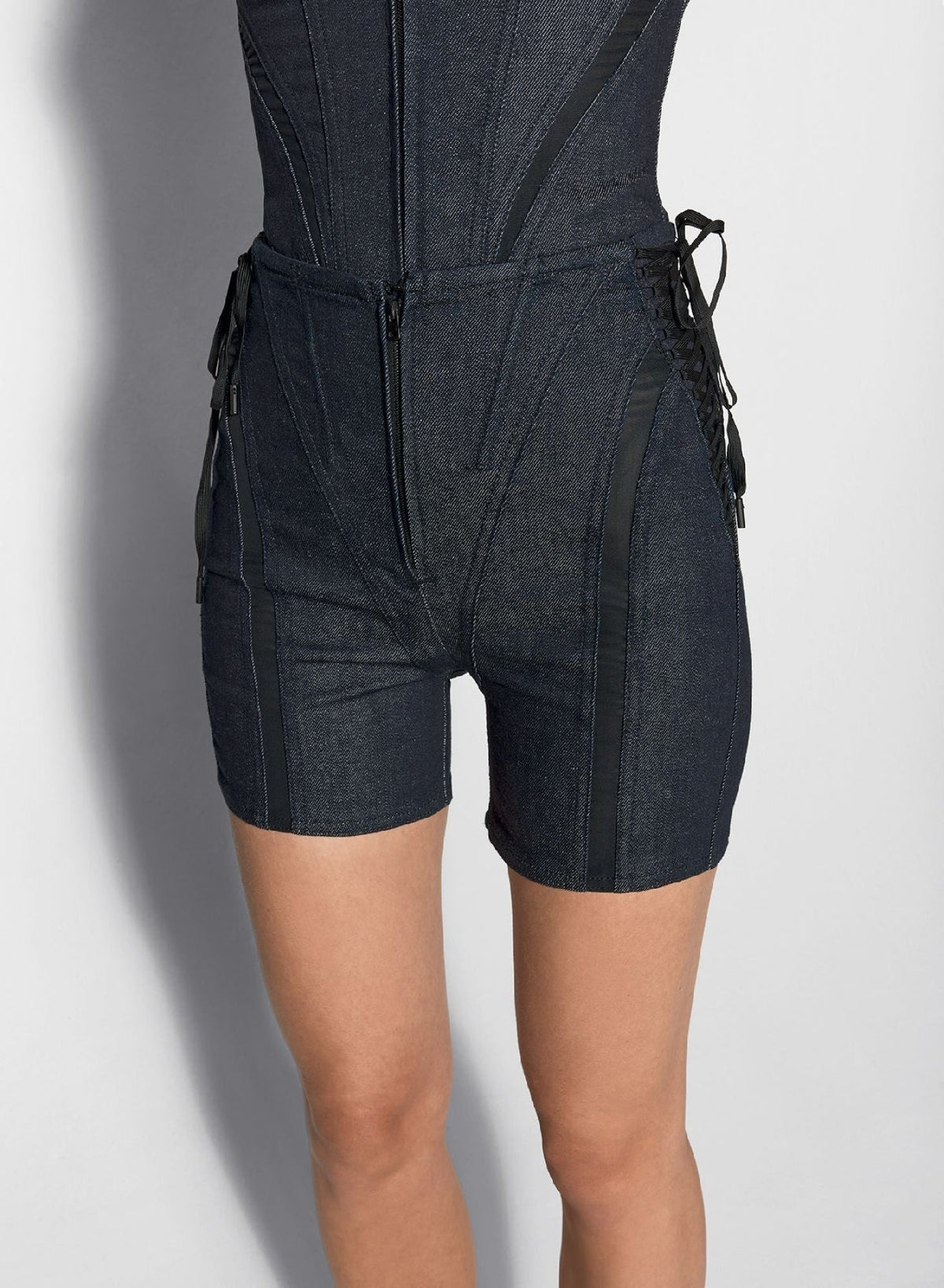 RAW BLUE / BLACK // black mesh laced-up raw denim shorts