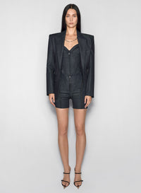 BLACK MESH LACED-UP RAW DENIM SHORTS