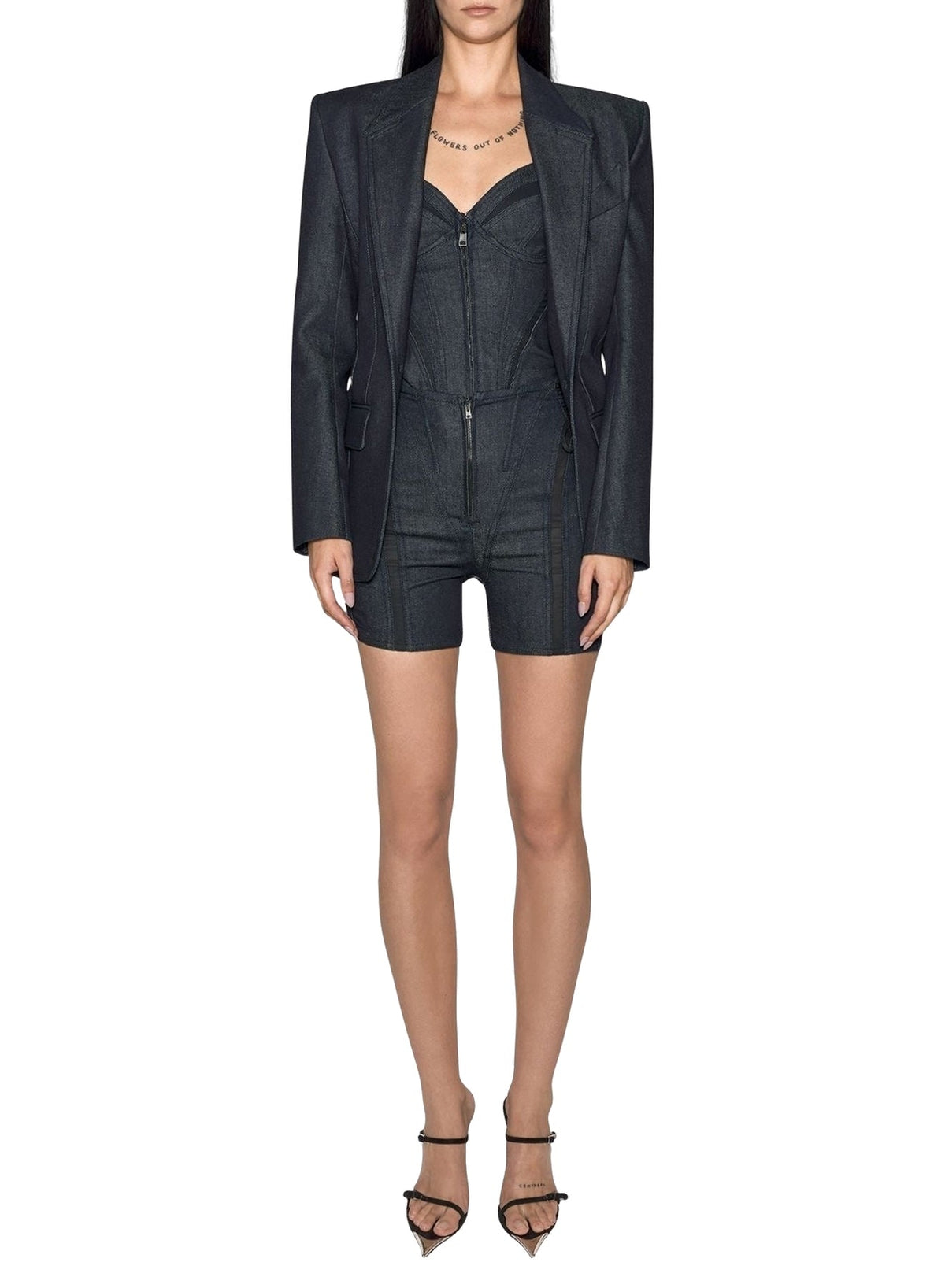 RAW BLUE / BLACK // black mesh laced-up raw denim shorts